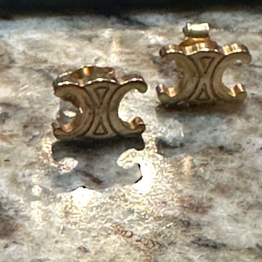 Authentic Celine Gold Logo Stud Earrings